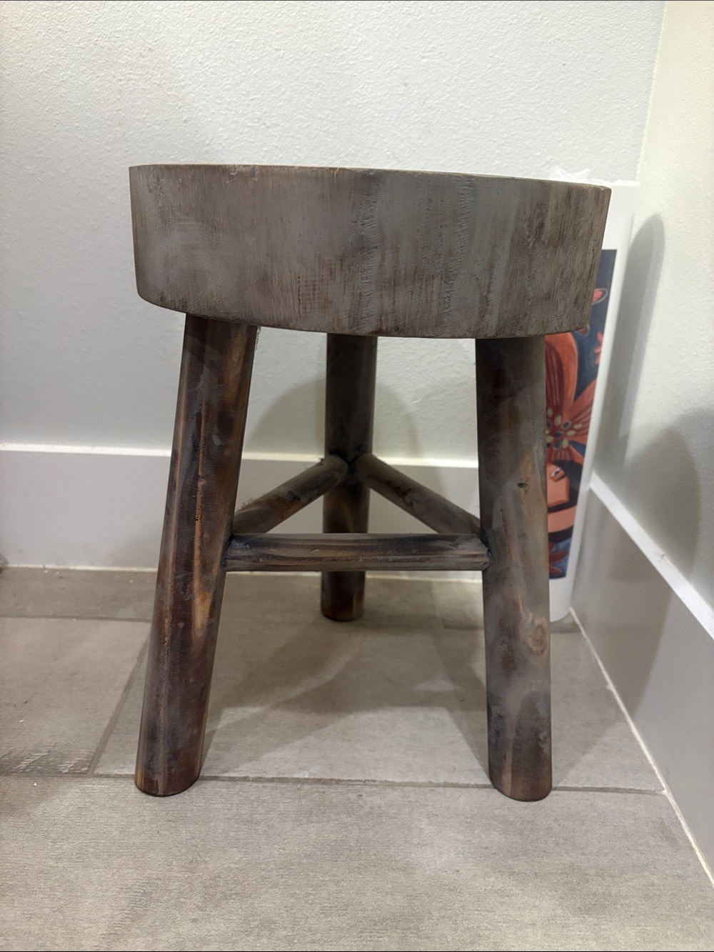 Rustic Wooden Round Stool - Gray Brown Finish